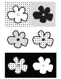 a black and white, color coded with pattern outlines of an illustration of 6 flowers in the same shape but with different colors for itself and the background.