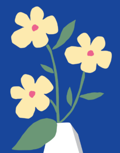 an illustration of 3 yellow flowers with their stem and leaves in a white vase with blue background.