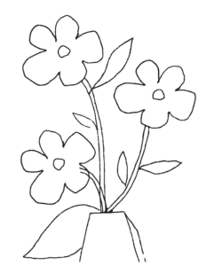 A black and white outlined graphic of an illustration of 3 yellow flowers with their stem and leaves in a white vase with blue background using Adobe Illustrator's tracing tool.