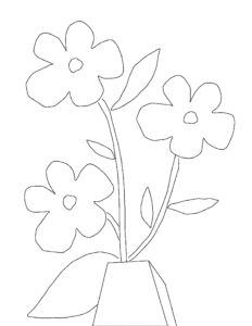 A black and white, manually outlined graphic of an illustration of 3 yellow flowers with their stem and leaves in a white vase with blue background.