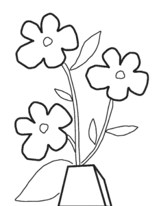 A black and white outlined graphic of an illustration of 3 yellow flowers with their stem and leaves in a white vase with blue background, with thicker lines around flowers and the vase.