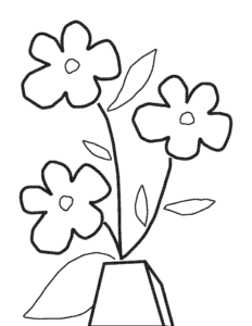 A black and white outlined graphic of an illustration of 3 yellow flowers with their stem and leaves in a white vase with blue background, with thicker lines around flowers and the vase and simplified stems.