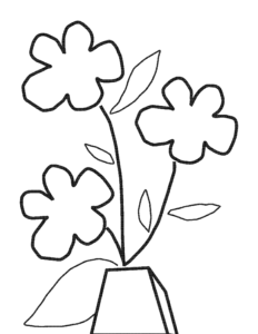 A black and white outlined graphic of an illustration of 3 yellow flowers with their stem and leaves in a white vase with blue background, with thicker lines around flowers and the vase and simplified stems and flowers, with more gaps between leaves.