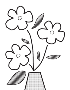 A black and white outlined graphic of an illustration of 3 yellow flowers with their stem and leaves in a white vase with blue background, with color coded patterns for leaves and the vase.