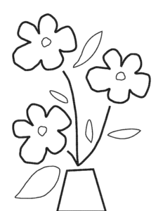 A black and white outlined graphic of an illustration of 3 yellow flowers with their stem and leaves in a white vase with blue background, with thicker lines around flowers and the vase and simplified stems, with more gaps between leaves.