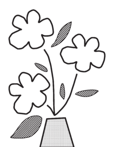 A black and white outlined graphic of an illustration of 3 yellow flowers with their stem and leaves in a white vase with blue background, with color coded patterns for leaves and the vase. The flowers were simplified