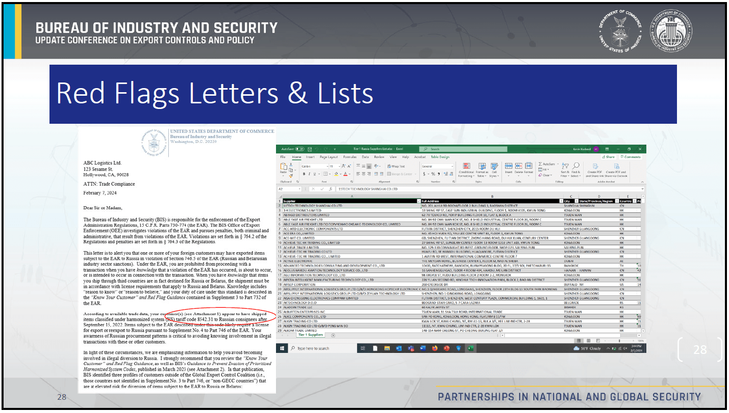 Slide from BIS presentation entitled "Red Flags Letters and Lists."