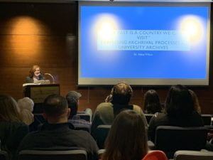 Abigail Wilson presenting her capstone entitled, "The Past Is a Country We Can Visit: Examining Archival Processes in University Archives"