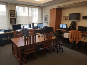 Photograph of archive reading room and Conor's desk at NY Philharmonic