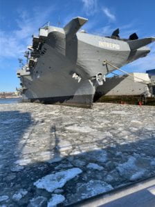 Photo of Intrepid and frozen Hudson River