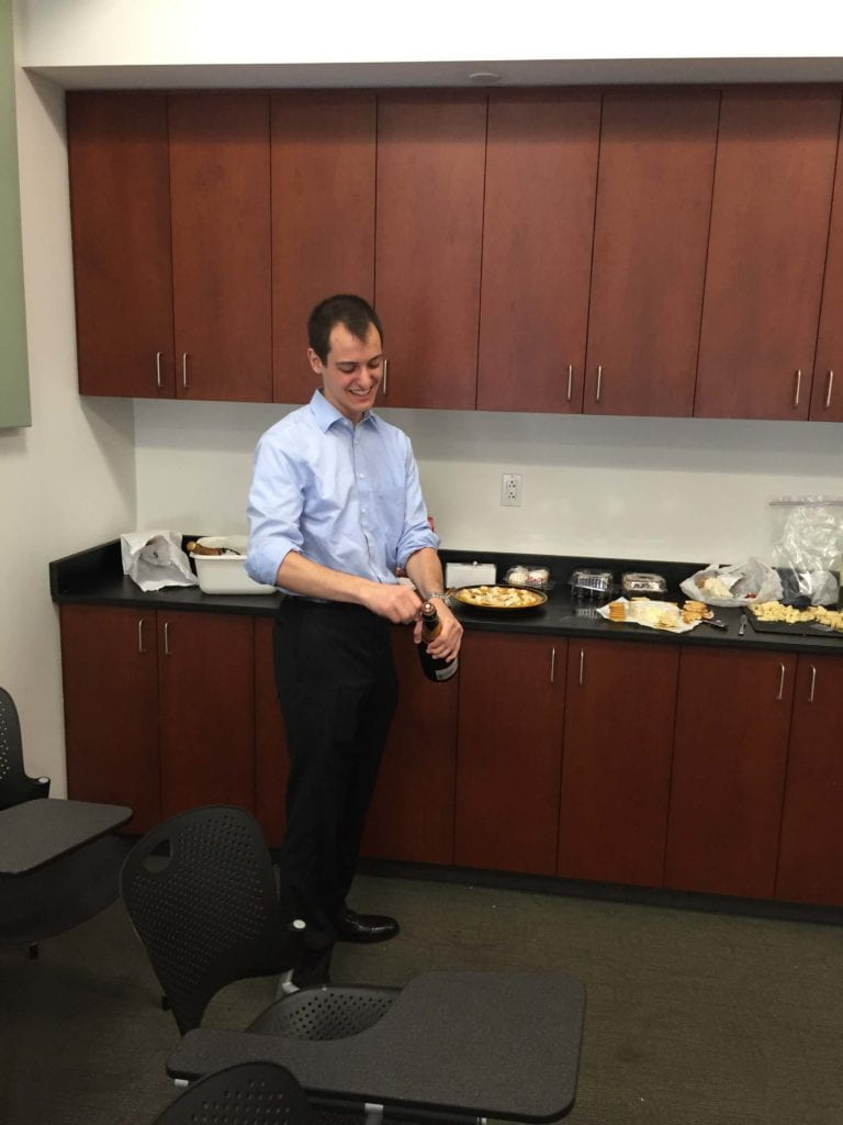 James successfully defends his Ph.D., followed by celebration (August 2015)