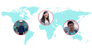 world map showing three people on different continents