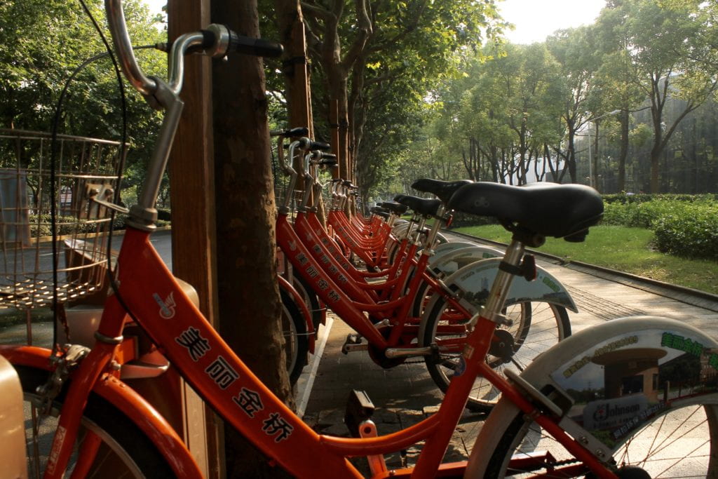 Bike stand of orange bikes lined up