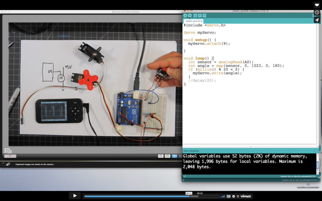 a screenshot from a video tutorial of servo.write() in Arduino