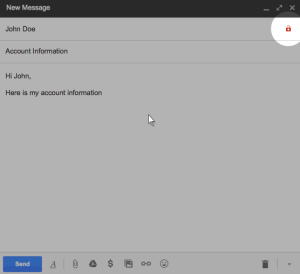 Screenshot showing an authored Gmail mail message with an unlocked red padlock to the right of the recipient's name/address.