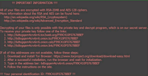 Screenshot showing Locky encryption message. Message stated "All of your files are encrypted with RSA-2048 and AES-128 ciphers." Message provides links to follow to obtain the decryption key and remediation steps, should the links provided not work. 