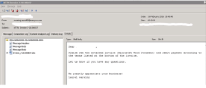 Screenshot Screenshot showing email dated 2/16/16 with the following text "Please see the attached invoice (Microsoft Word Document) and remit payment according to the terms listed at the bottom of the invoice. Let us know if you have any questions. We greatly appreciate your business: Laurel wareing".