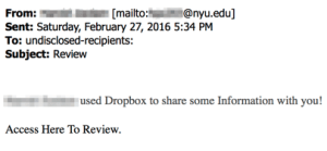 Screenshot of an email dated 2/27/16 with a subject of "Review" stating that [blocked name] used Dropbox to share some information.