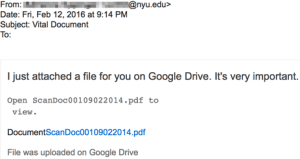 Screenshot of an email message dated 2/12/16 with a subject of "Vital Document" with text stating "I just attached a file for you on Google Drive. It's very important". Email attaches a PDF document entitled "DocumentScan". 