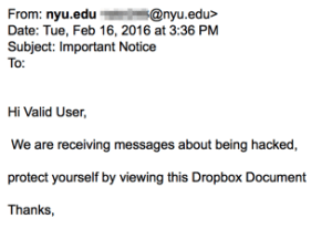Screendhot of an email dated 2/16/16 with a subject of "Important Notice" with the following text "Hi Valid User, We are receiving messages about being hacked, protect yourself by viewing this Document."