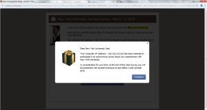 Screenshot of a web pop-up which states that that the adressee's computer has been selected to participate in an anonymous surver re: experiences with NYU and provides the user's IP address. The email offers several "exclusive reward offers" for survey completion, worth at least $70.
