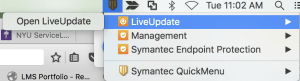 Screenshot showing LiveUpdate on the Menu bar, and clicking this option gives users the option to click on "Open LiveUpdate"