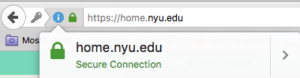 Screenshot showing an example of the text that displays when a user clicks the green lock symbol.  In the displayed instance the text that displays is "home.nyu.edu" followed by "Secure Conenction"