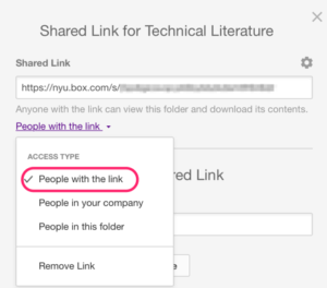 Screenshot showing the Shared Link screen in NYU Box with the Shared Link displaying at the top of the screen and the document access type pick list expanded. The option "People with the link" is encircled in red. Other options include "People in your company", "People in this folder", and "Remove Link".