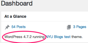 Screenshot shows Dashboaard At a Glance view and encircled in red is the text "WordPress 4.7.2 running"