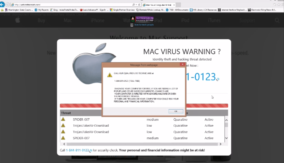 Screenshot showing a Mac Virus Warning message overlayed with a webpage pop-up providing a support telephone number. 