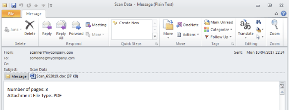 Screenshot of an email message with a subject of "Scan Data". Appears to attach a MS Word document entitled "Scan" with a file size of 37 KB. The body of the messages states "Number of pages: 3" and incorrectly states the attachment type as PDF. 