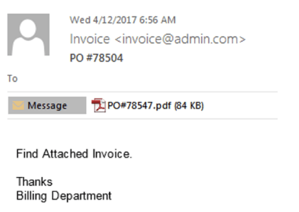 Screenshot of an example phishing message attaching a PDF file entitled "PO#78547", with the text of the email message reading "Find Attached invoice.  Thanks, Billing Department". 