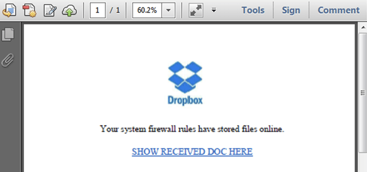 Screenshot showing the Dropbox logo and a message stating "Your system firewall rules have stored files online" followed by a link "SHOW RECEIVED DOC HERE"