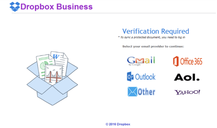 Screenshot displaying a logo for "Dropbox Business" stating "Verification Required" and requesting the selection of your email provider and a login.  The list of providers includes Gmail, Outlook, Other, Office 365, AOL and Yahoo.