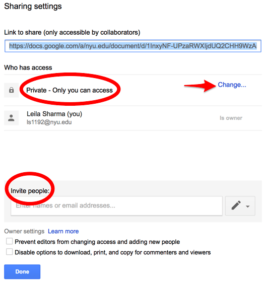 Screenshot of the "Sharing settings" dialog in NYU Drive with the "Private - Only you can access option circled in red and a red pointer to pointing to the "change" option to the right.  The "Invite people" option is clircled in red in the lower half of the dialog.half 