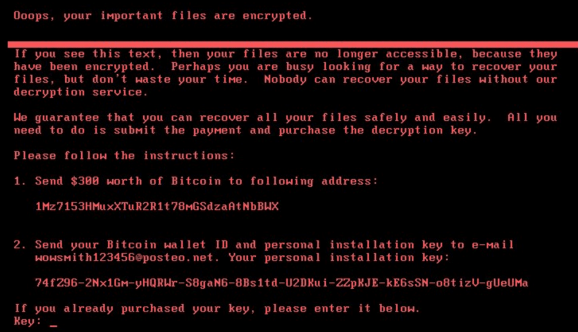 Screenshot showing the ransomware message that appears once a user's files have been encrypteded. The message begins with the text "Oops, your important files are encrypted" and provides instructions for a payment of $380 worth of bitcoin. 