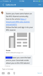 (linkedin messaging screen) Seems you have some haters on the NYU Community here is the article (fraudulent tinyURL link)