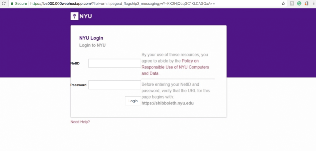 page which emulated NYU Login in order to trick people into giving away NYU username and password.