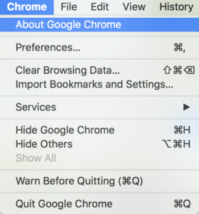 Screenshots showing Google Chrome's menu options, with "Chrome", "About Google Chrome" selected