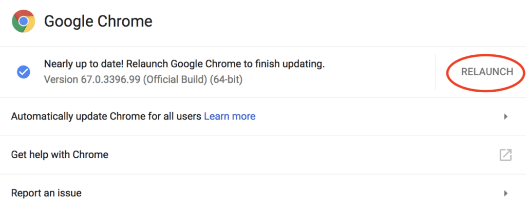 Screenshot showing the current Google Chrome version number and the relaunch option