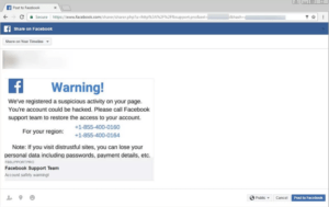 Screenshot of Facebook "Warning!" message saying "We've registered a suspicious activity on your page. You're account could be hacked. Please call Facebook support team to restore access to your account." Two telephone numbers are provided followed by the following note "If you visit distrustful sites, you can lose your personal data including passwords, payment details, etc." Signed "FBSUPPORTPRO Facebook Support Team, Account Safety Warning!"