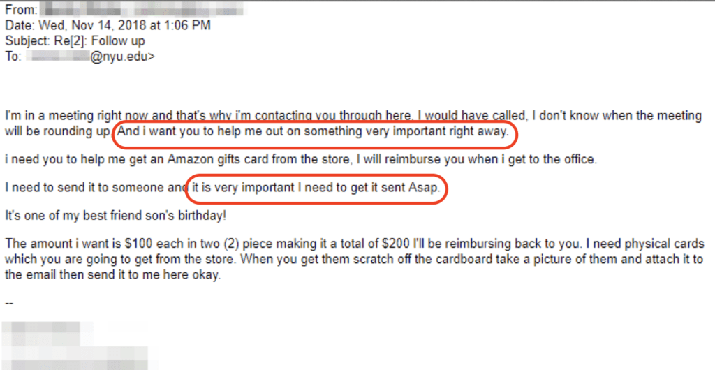 Screenshot of a phishing email requesting the urgent purchase of two $100 Amazon gift cards. Requests the gift card redemption numbers in the form of a photo of that information as it displays on the cards. 