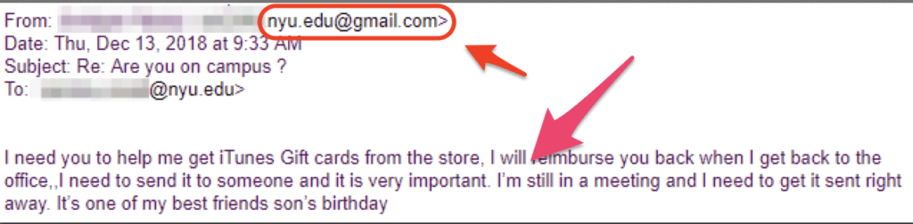 Screenshot of a phishing email message requesting urgent assistance in obtaining iTunes gift cards