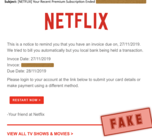 Screenshot displaying Netflix phishing email asking recipient to login to their account to resolve automatic billing issue. 