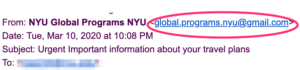 screenshot showing a globalprograms.nyu@gmail.com "From" address