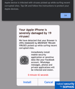 Screenshot of iPhone scareware stating "Your iPhone is severely damaged by 19 viruses!", further claims browser damage and advises immediate installation of software to protect What's App & Facebook accounts