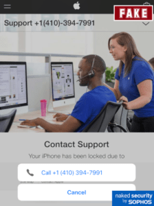 Screenshot of iPhone scareware stating your iPhone has been locked and to contact tech support at the provided number