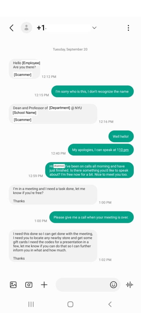 image of mobile phone screen showing the exchange between victim and scammer