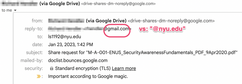 Image of email header showing an email coming from gmail.com versus @nyu.edu