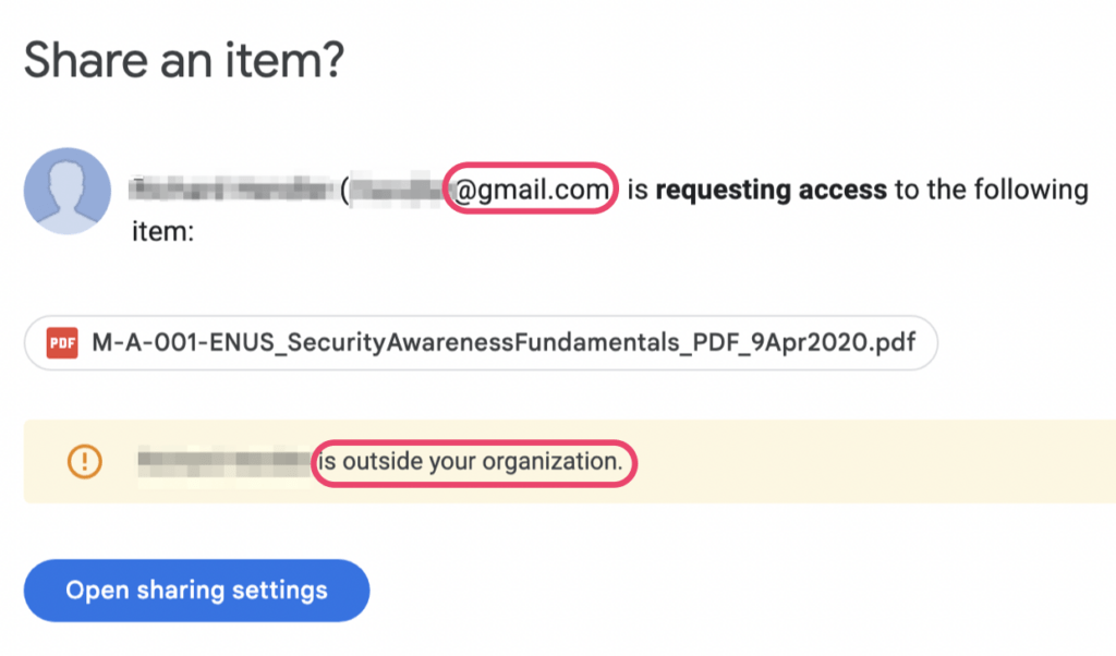 Image of a share request from a gmail.com address with a warning that the requestor is outside of your organization